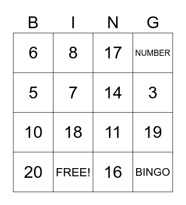 Counting from 0-20 BINGO Card