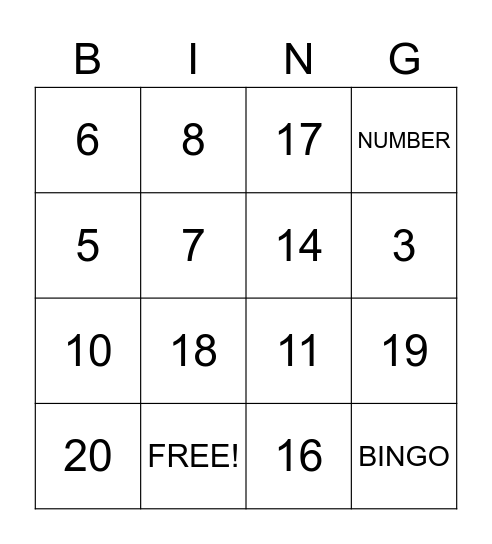 Counting from 0-20 BINGO Card