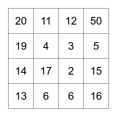 NUMBER BINGO Card