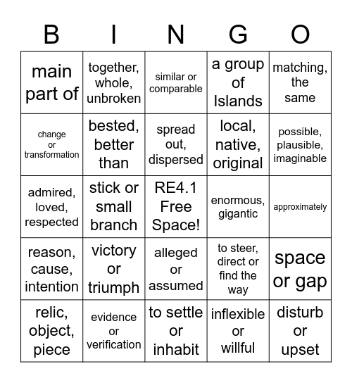 RE 4.1 Unit 5 Vocabulary Bingo Card
