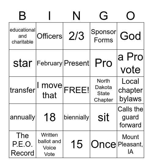 P.E.O. BINGO Card