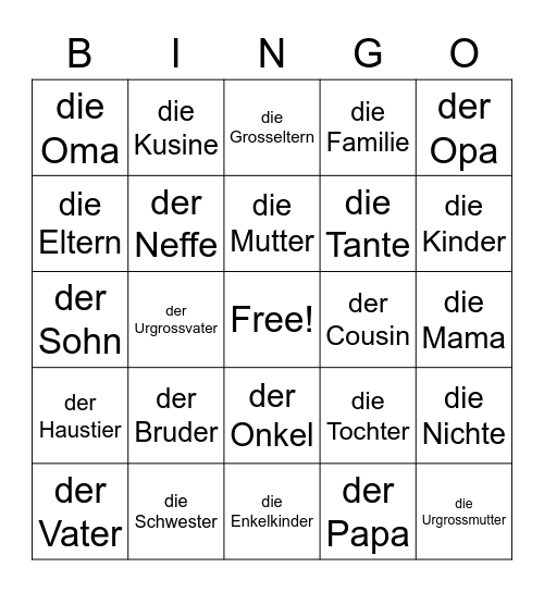 German Family Members Bingo Card