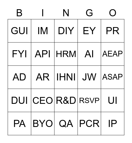 Acronyms Bingo Card