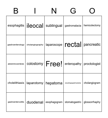 Digestive System Terms Bingo Card