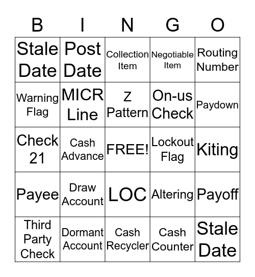 Teller Training Key Terms Bingo Card