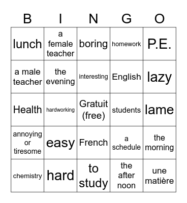 À l'école 2 Bingo Card