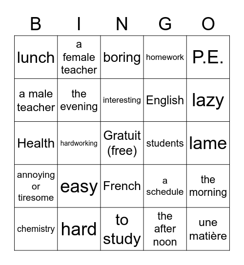 À l'école 2 Bingo Card