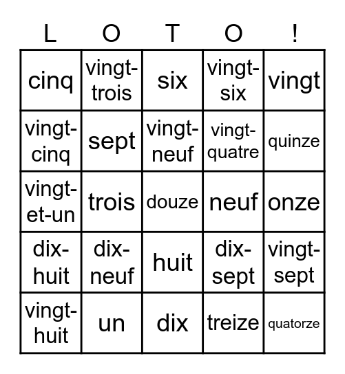 les chiffres 0-30 Bingo Card