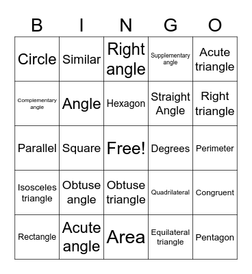 Geometry Vocabulary Bingo Card