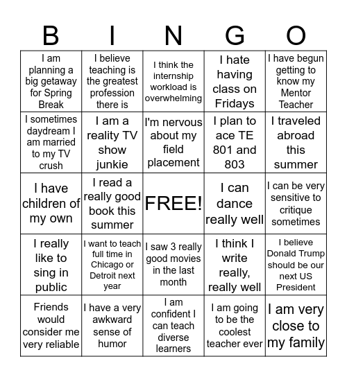 Secondary Internship Bingo  Bingo Card