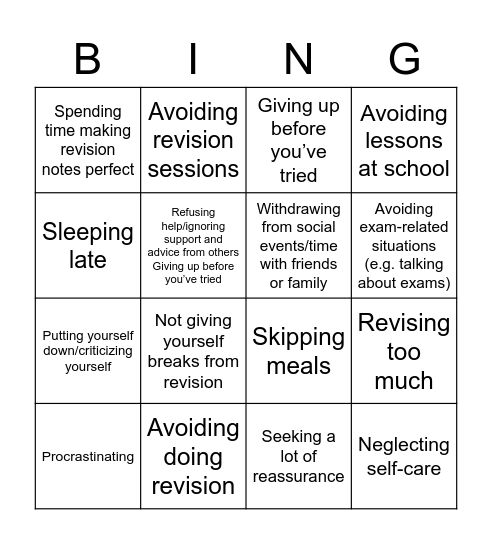 Self-Defeating Behaviours Bingo Card