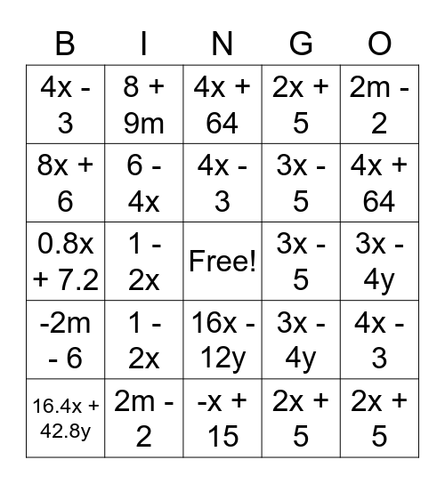 Equivalent Algebraic Expressions Bingo Card