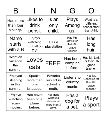6th Grade Bingo Card