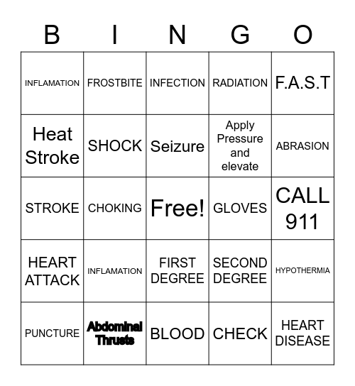 First Aid BINGO Card