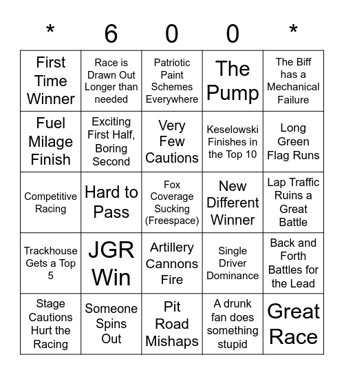 Charlotte Motor Speedway Bingo Card