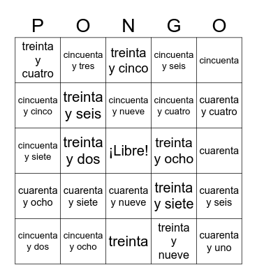 Exploratory Spanish - Numbers (30-60) Bingo Card