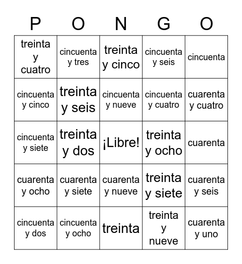 Exploratory Spanish - Numbers (30-60) Bingo Card