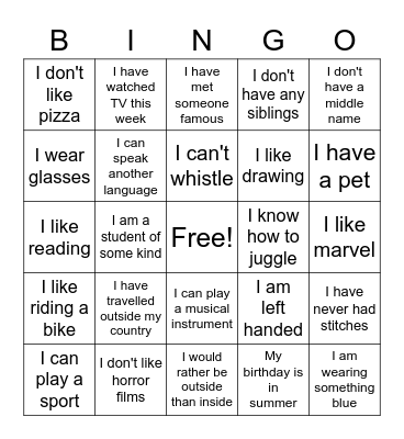 Get to know me bingo Card