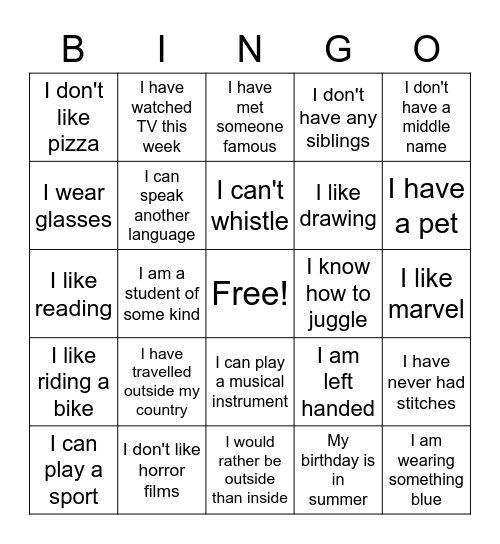 Get to know me bingo Card