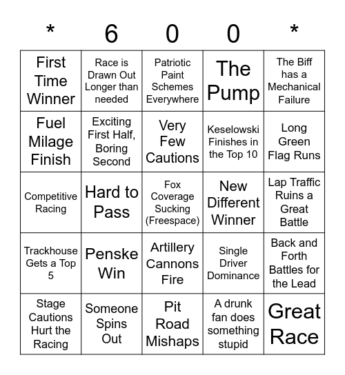 Charlotte Motor Speedway Bingo Card