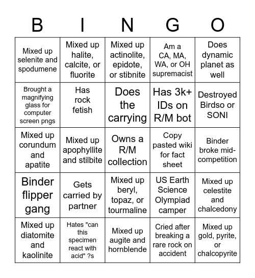 Science Olympiad: Rocks and Minerals Bingo Card