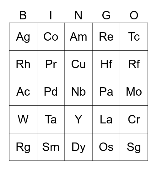 Metales de transición Bingo Card