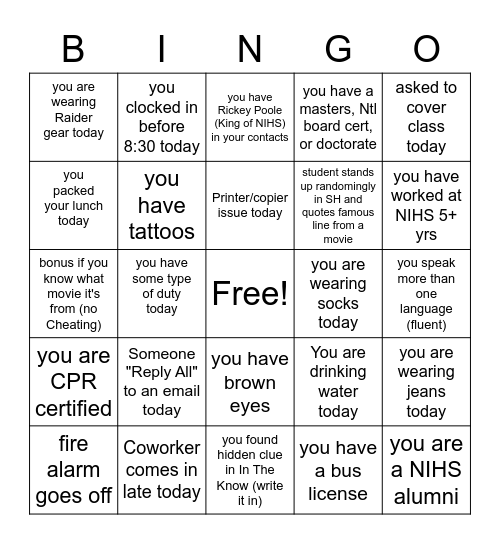 NIHS RAIDER BINGO Card