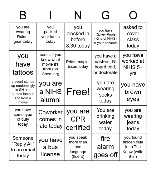 NIHS RAIDER BINGO Card