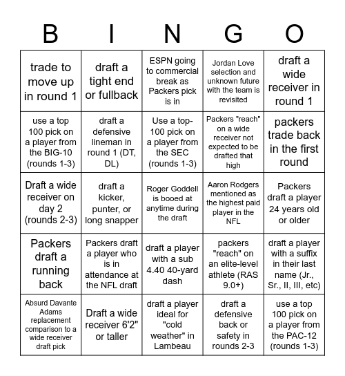 Packers Bingo Card