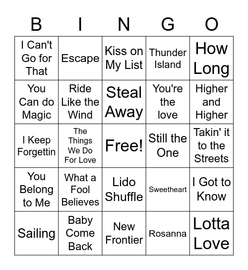 Yacht Rock Bingo Card