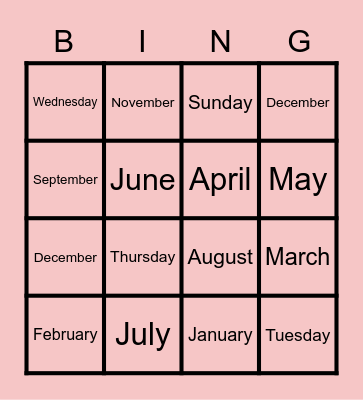 days & months Bingo Card