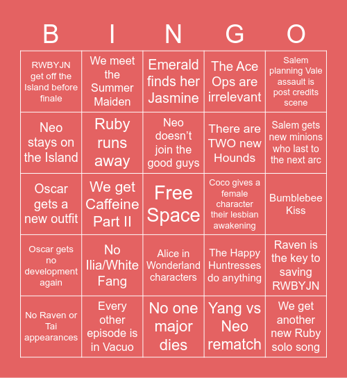 RWBY Volume 9 Bingo Card