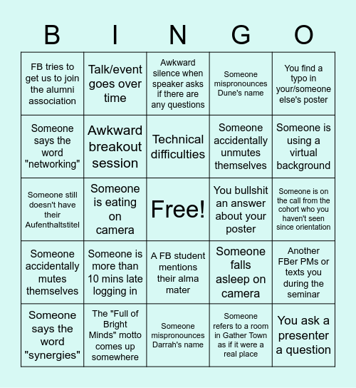 Fulbright Seminar Bingo Card