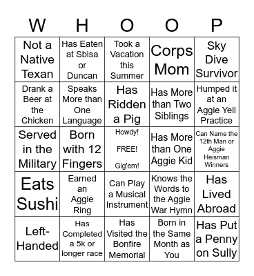 Aggie Mom Bingo Card