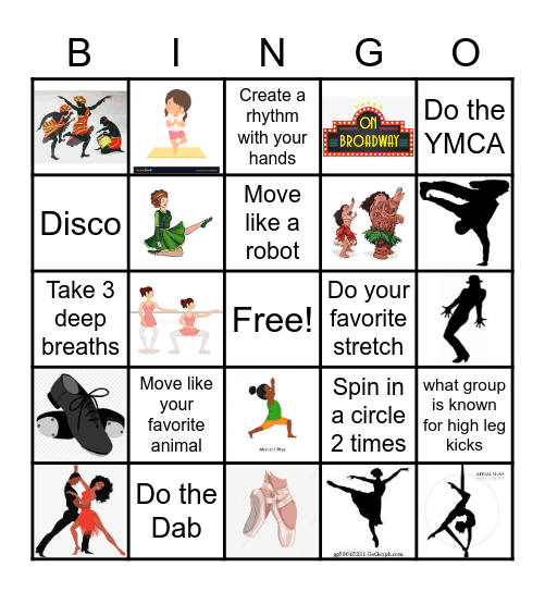 Dance/Movement Bingo Card