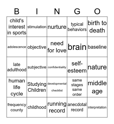 Chapter 1 -- Studying Children Bingo Card