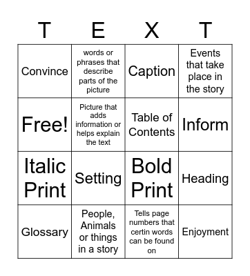 Text Features Bingo Card