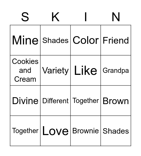 Skin Like Mine Bingo Card