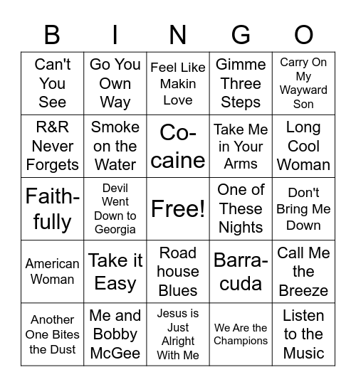 Southern Rock Singo Bingo Card