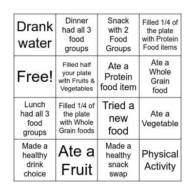 Nutrition Bingo Card