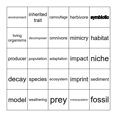Organisms and Environments Bingo Card