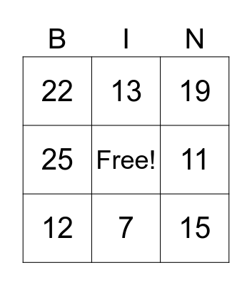 addition Bingo Card