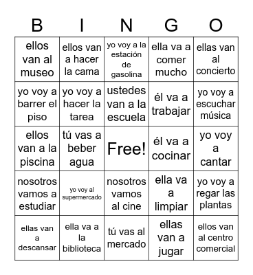ir a + places/ ir a + infinitives Bingo Card
