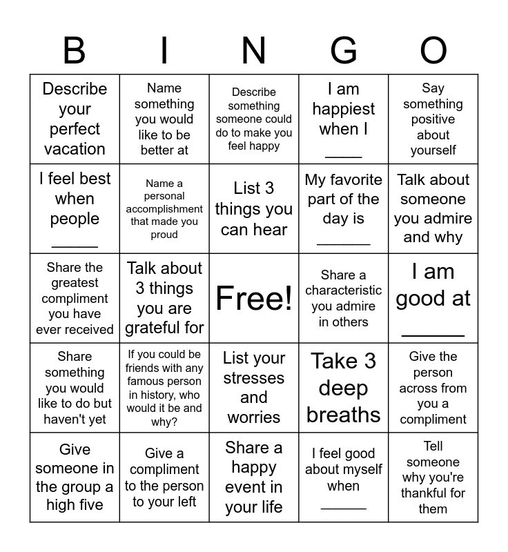 Mindfulness Bingo Card