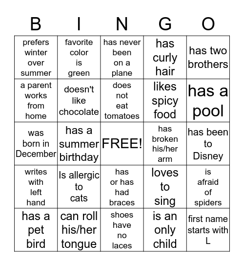 Back To School Bingo Card