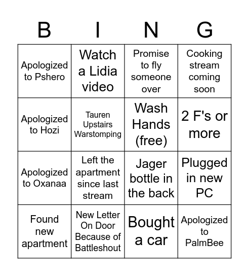 Payo Comeback Stream Bingo Card