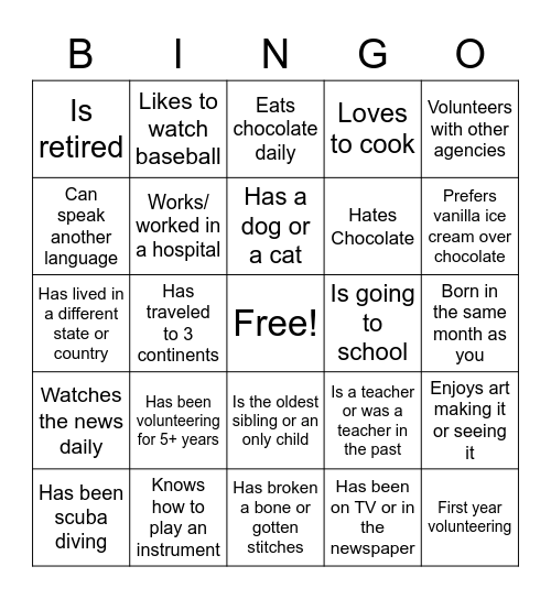 Volunteer BINGO Card