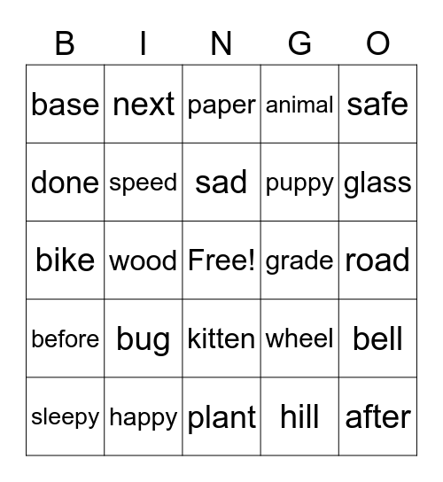 Level 1: Word Bingo #5 Bingo Card