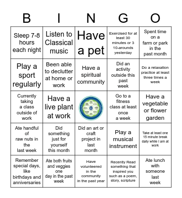 Whole Health and Self-Care BINGO Card