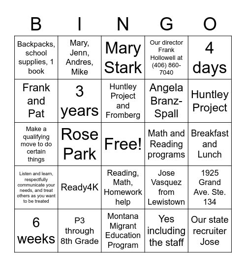 Family Night Bingo Card